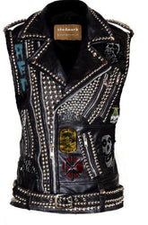 Women’s Gothic Leather Vest Jacket – Misfits Patch, Studded Steampunk Bomber Fit, Custom Handmade Punk Style
